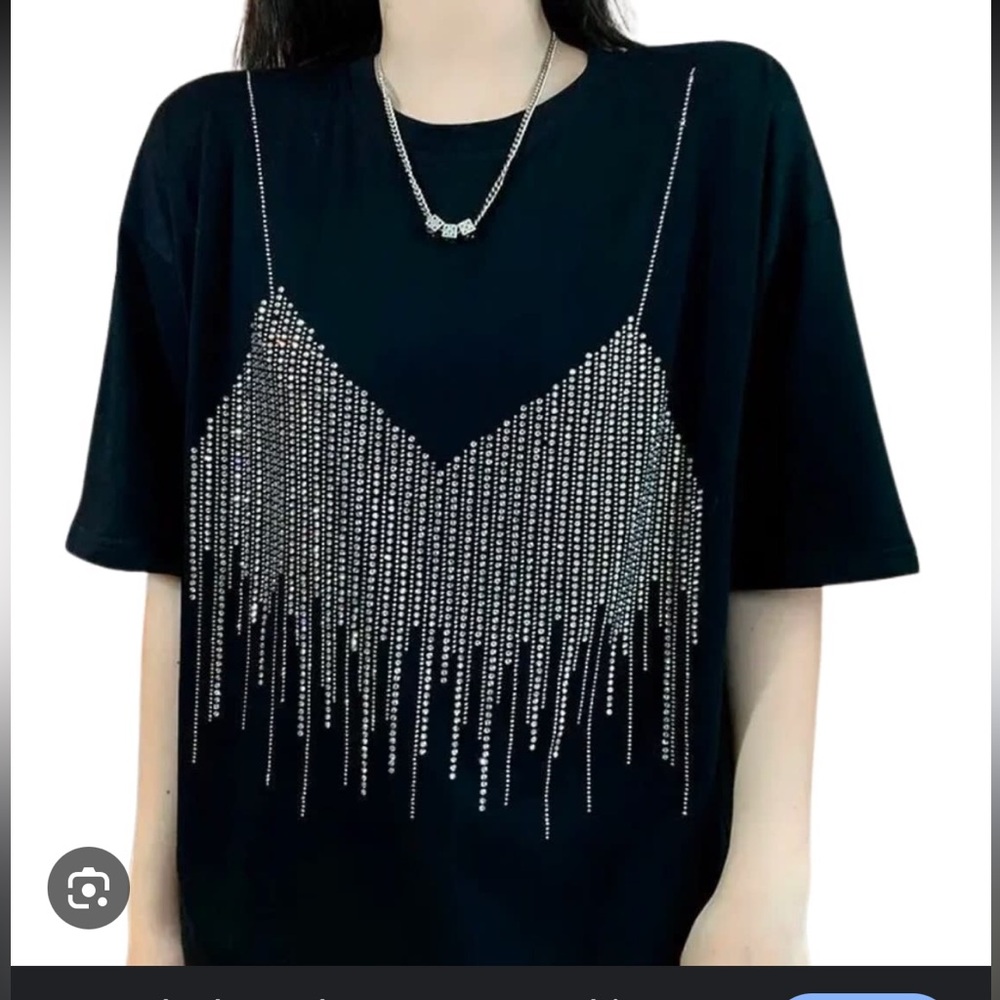 Black T-Shirt with Silver Rhinestone Design